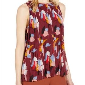 ❤️ Halogen Sleeveless Pleated Georgette Top Burgundy Liza Floral